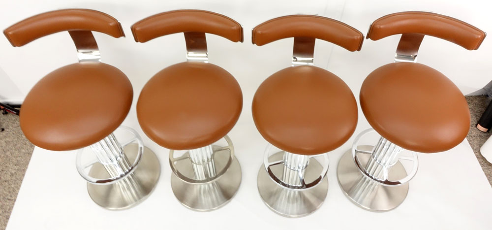 Four Circa 1980s Leisure Design, Mount Kisco, NY Bright and Matte Chromed Steel Barstools