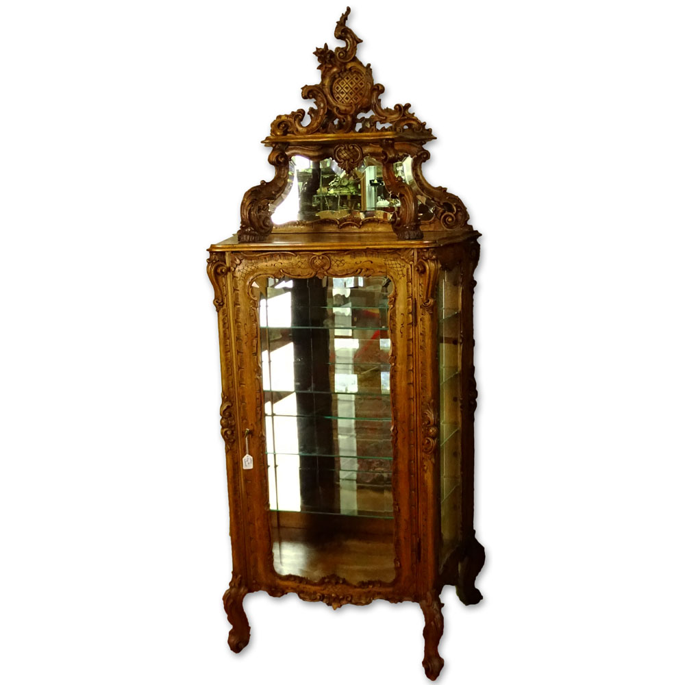 French Style Heavily Carved Beveled Glass Curio Cabinet with Mirrored Top Backsplash