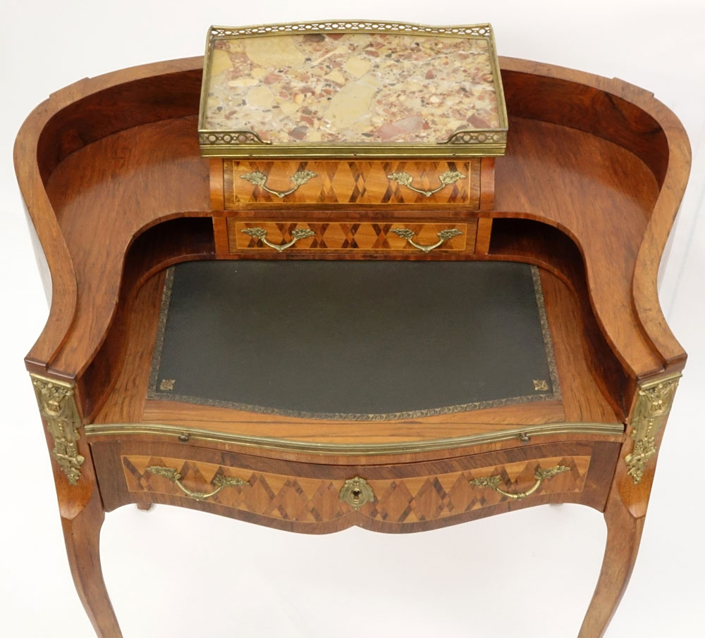 Antique French Bronze Mounted Rosewood Marquetry Inlay 3 Drawer Leather Top Kidney Shaped Writing Desk