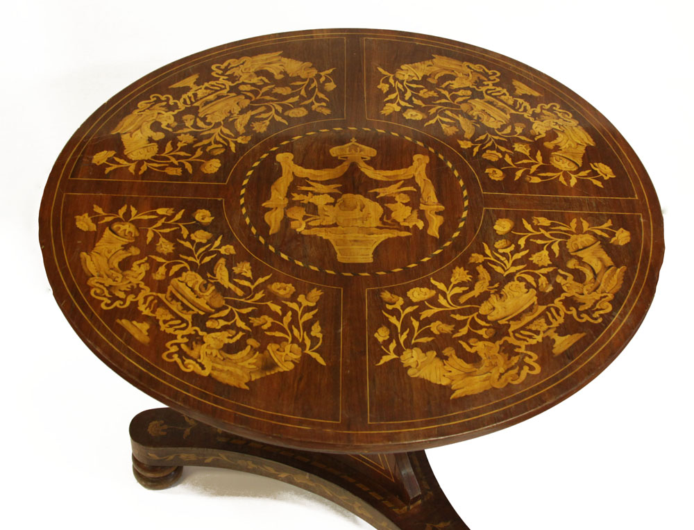 Antique Dutch Baroque Style Mixed Wood Marquetry Center Table