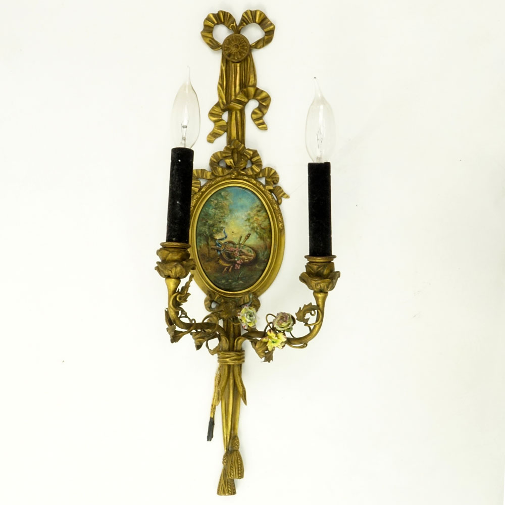19th Century Dore Bronze Ribbon Top 2 Arm Wall Sconce