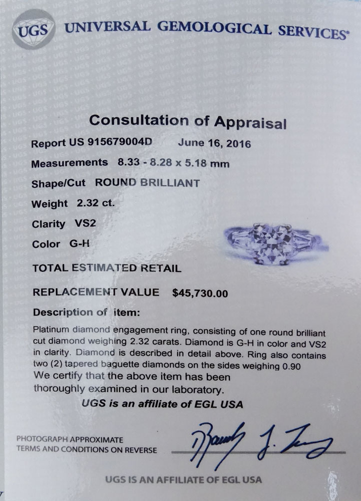 EGL Certified 2.32 Carat Round Brilliant Cut Diamond and Platinum Engagement Ring