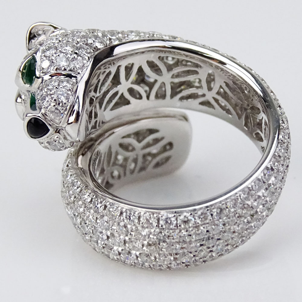 Cartier style Approx. 6.0 Carat Pave Set Round Brilliant Cut Diamond and 18 Karat White Gold Panther Ring