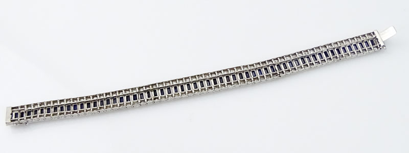 Art Deco Approx. 21.0 Carat Baguette Cut Sapphire, 6.50 Carat Round Cut Diamond and Platinum Bracelet