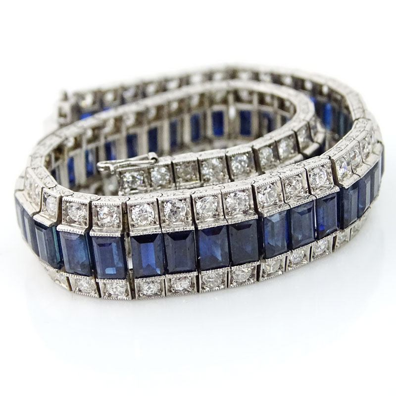 Art Deco Approx. 21.0 Carat Baguette Cut Sapphire, 6.50 Carat Round Cut Diamond and Platinum Bracelet
