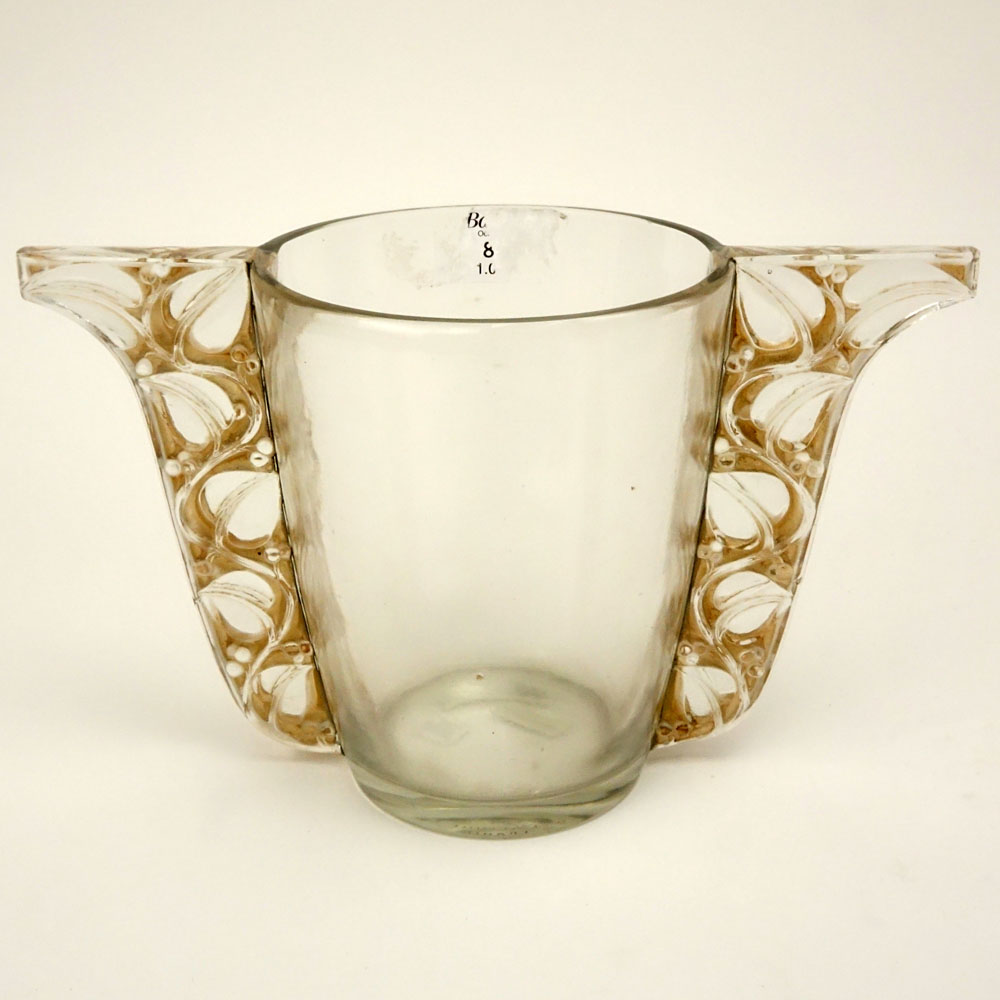 René Lalique, France Art Deco Frosted and Clear Glass Vase with Amber Patina