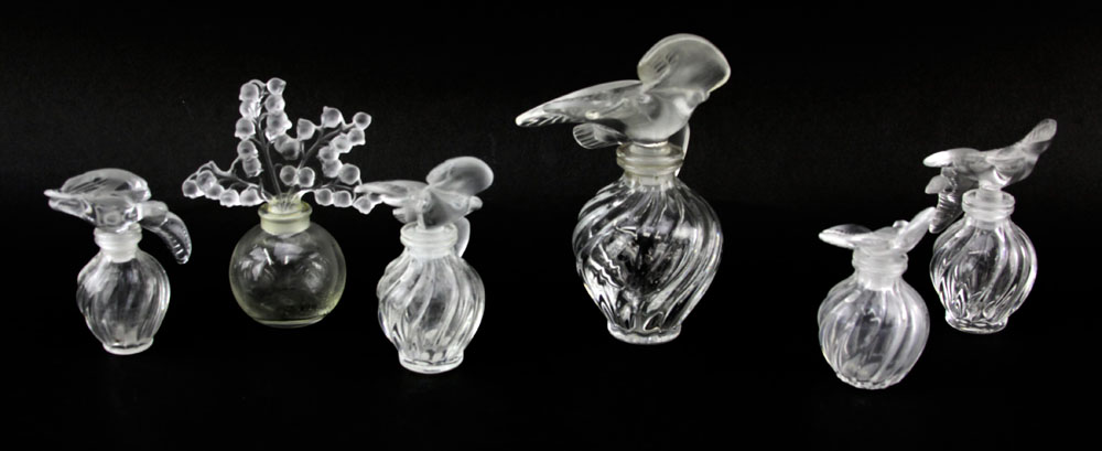 Grouping of Six (6) Lalique France Crystal Perfume Bottles.