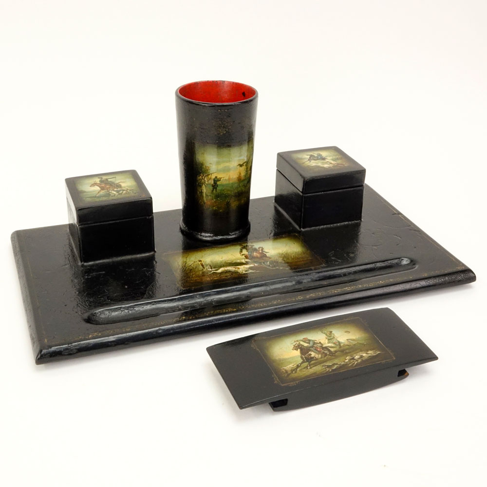 Late 19th Century Russian, Lukutin Factory, Moscow Lacquer Papier Mache Desk Set Including Inkstand, Blotter and Pen Cup in the "Huntsman" Pattern