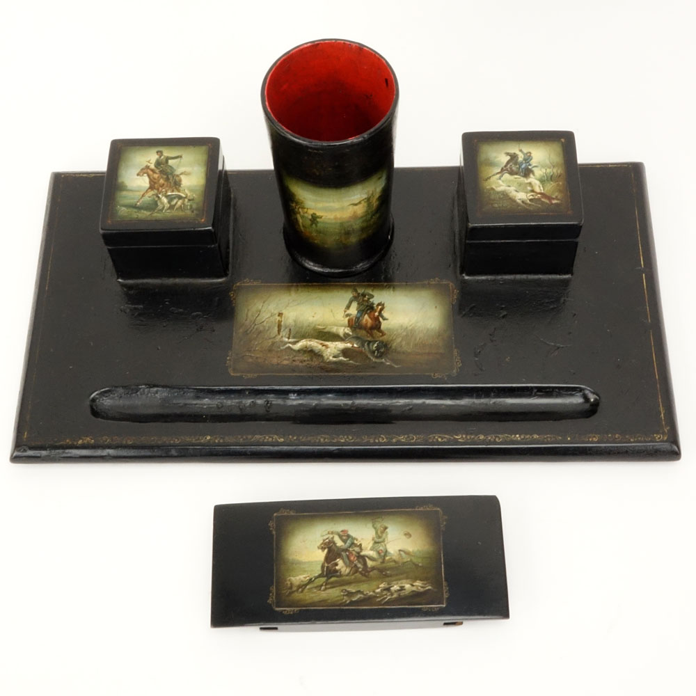 Late 19th Century Russian, Lukutin Factory, Moscow Lacquer Papier Mache Desk Set Including Inkstand, Blotter and Pen Cup in the "Huntsman" Pattern