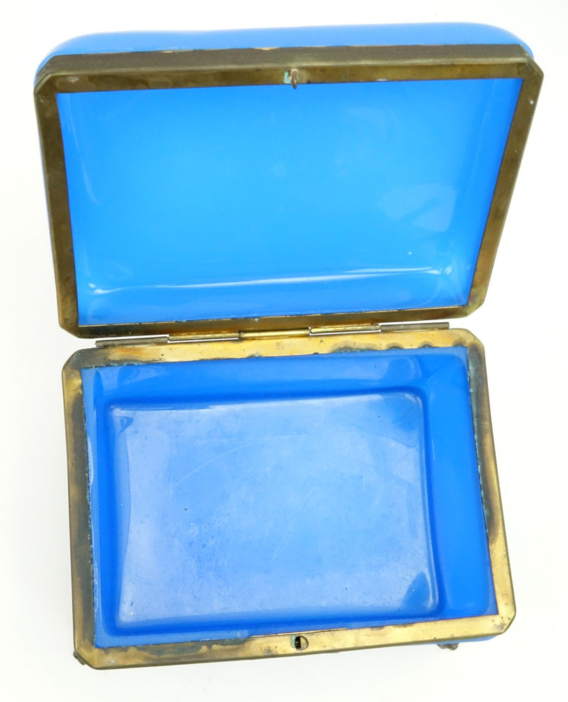 Large Antique Blue Opaline Glass Dresser Box. Brass hardware and footed.