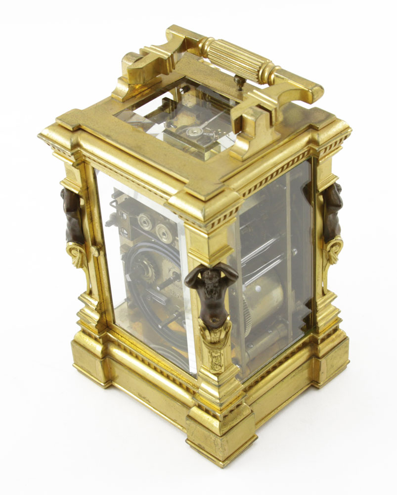 Rare Circa 1890 Tiffany & Co Gilt Brass Petite Sonnerie Striking and Repeating Carriage Clock, No. 1879. 