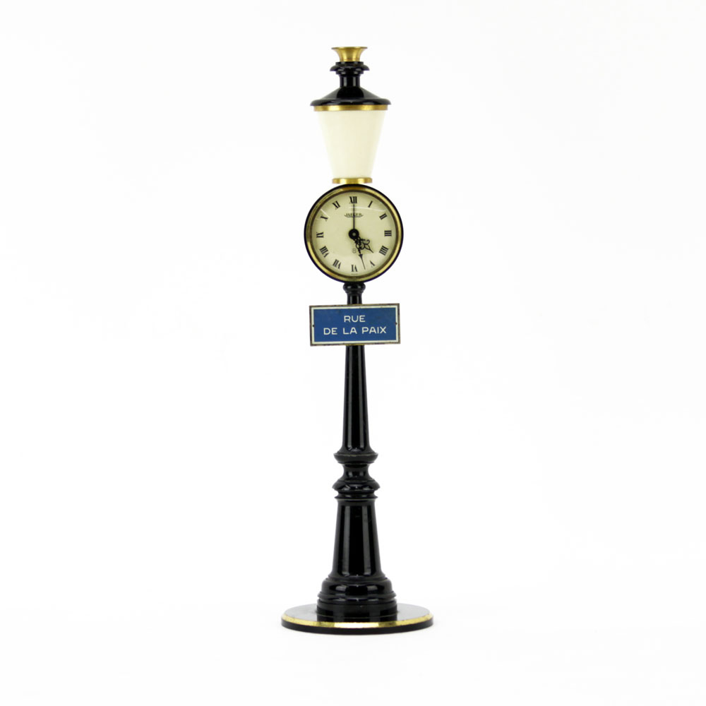 Circa 1965 Jaeger LeCoultre "Rue de La Paix Street Lamp" Lacquer Brass Table Clock with Eight Day Movement