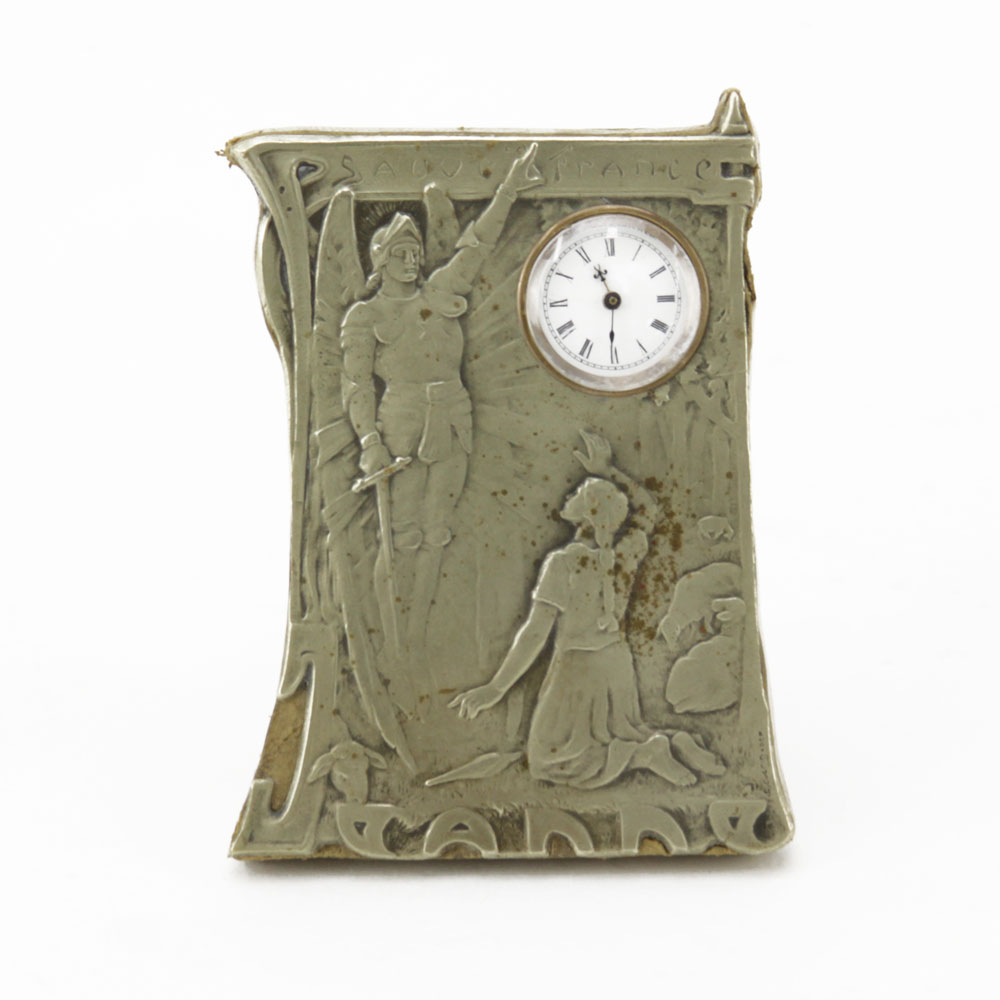 Circa 1900 Swiss Huguenin Brothers Art Nouveau Silver Jeanne D'arc Easel Clock.