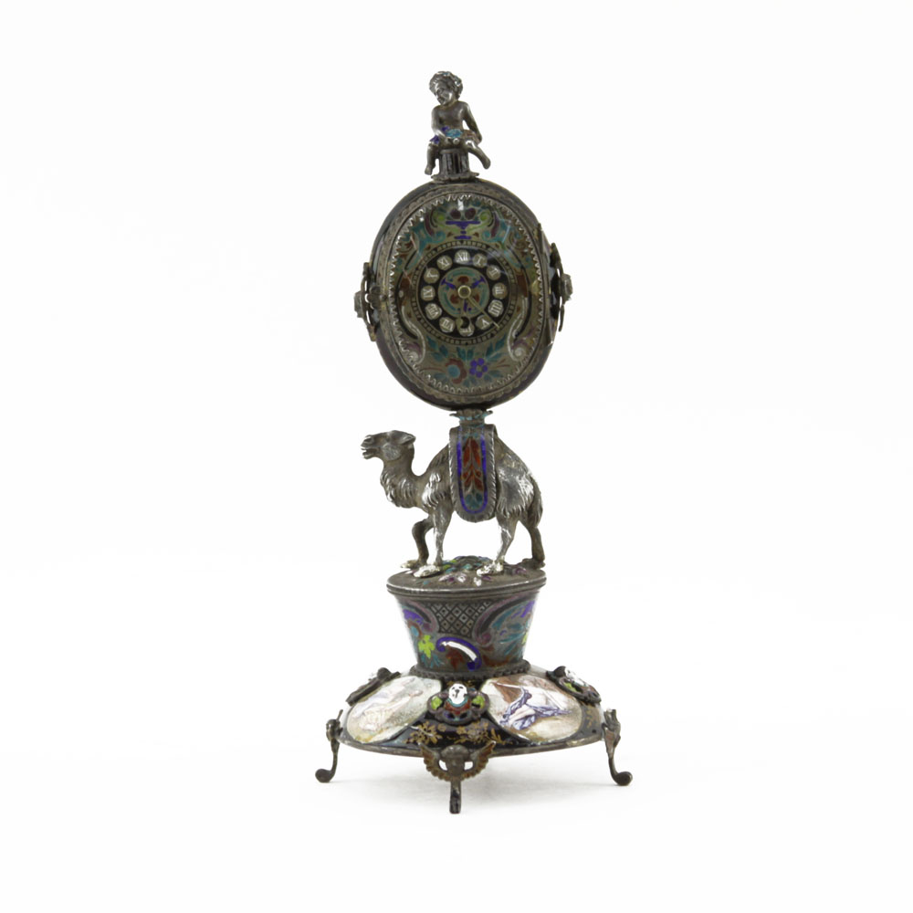 19/20th Century Viennese Enamel and Silver Clock with Figural Camel, Putto Finial and Scenes from Mythology.