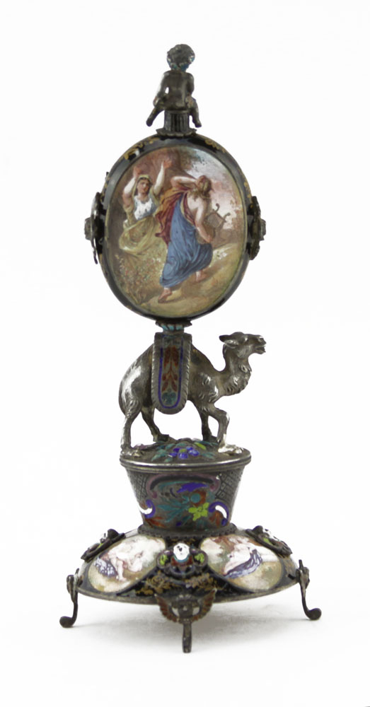 19/20th Century Viennese Enamel and Silver Clock with Figural Camel, Putto Finial and Scenes from Mythology.