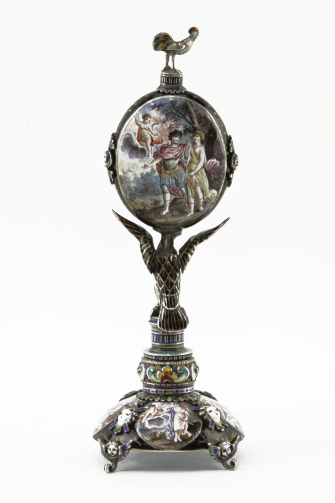 19/20th Century Viennese Enamel and Silver Clock with Figural Eagle, Rooster Finial and Scenes from Mythology.