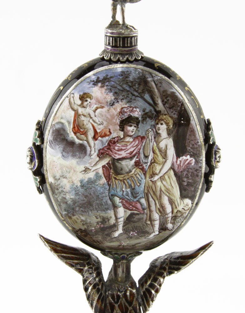 19/20th Century Viennese Enamel and Silver Clock with Figural Eagle, Rooster Finial and Scenes from Mythology.