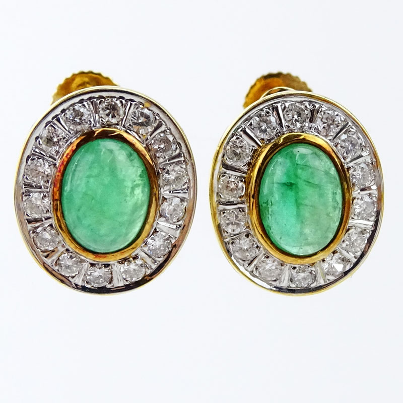 Vintage Cabochon Emerald, Round Brilliant Cut Diamond and 14 Karat Yellow Gold Earrings.