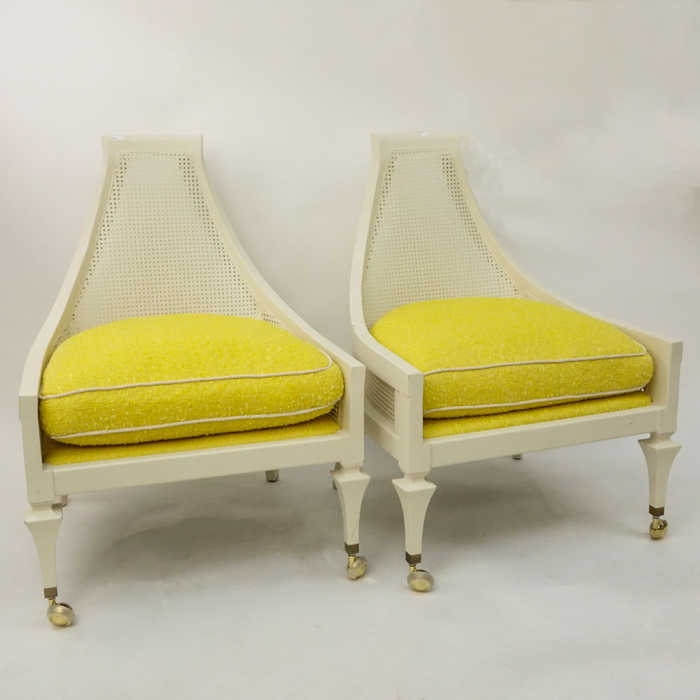 Pair of 20th Century Modern Painted Caned and Upholstered Slipper Chairs.