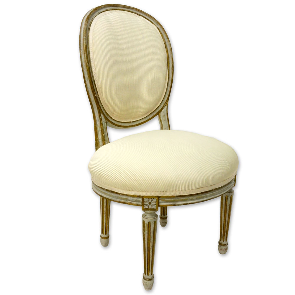 19/20th Century Louis XVI Style Painted Upholstered Chauffeuse Chair.