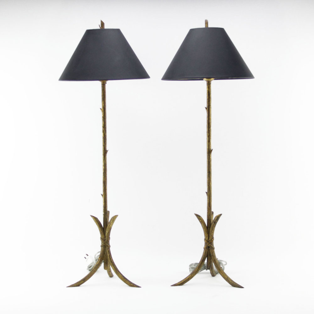 Pair of Dennis and Leen Tree Trunk Style Gilt Metal Furniture Lamps