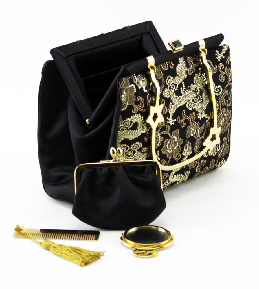 Judith Leiber New York Black Satin Asian Inspired Handbag.