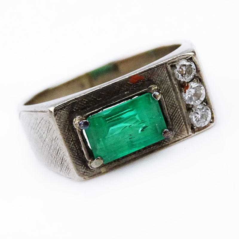 Men's Vintage Emerald, Diamond and 18 Karat White Gold Ring