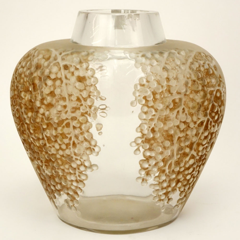 Rene Lalique, France Art Deco Frosted and Clear Glass "Poivre" Vase with  Amber Patina.