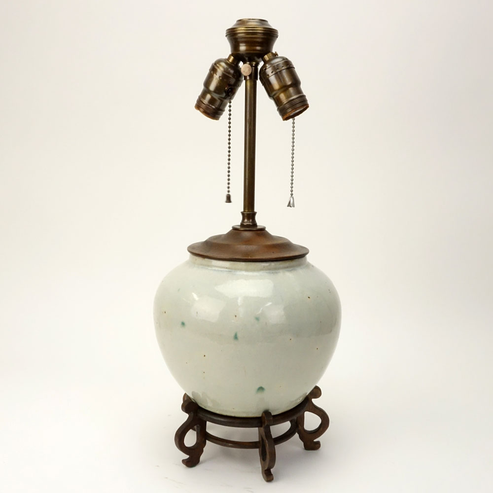 19th Century Chinese Celadon Pottery Ginger Jar on Wood Base Mounted as a Lamp