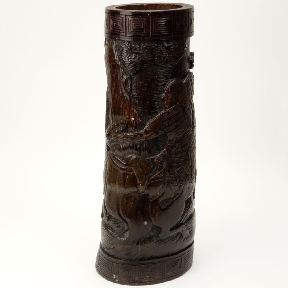 Large Antique Japanese Carved Bamboo Brush Pot with Relief Carved Samurai on Horseback.