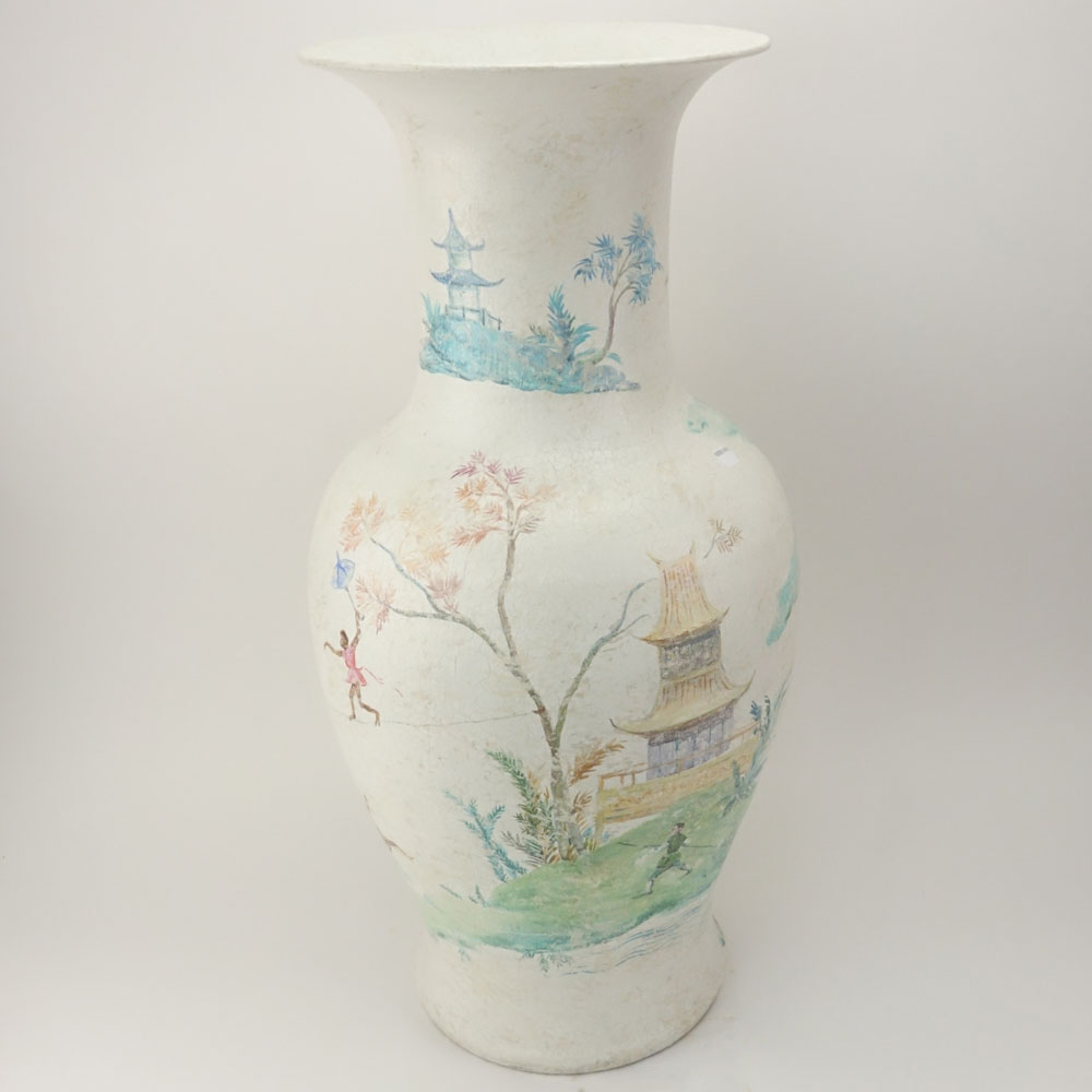 Vintage Chinoserie Hand Painted Baluster Form Pottery Vase.