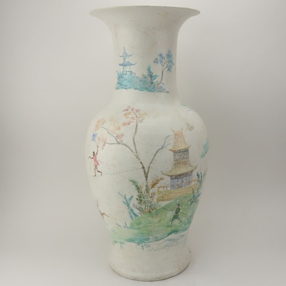 Vintage Chinoserie Hand Painted Baluster Form Pottery Vase.