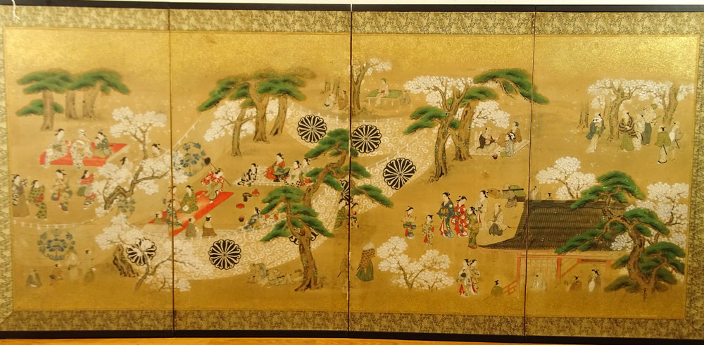 Japanese Meiji Period (1868-1912) Four (4) Panel Folding Screen, Garden Scene with figures
