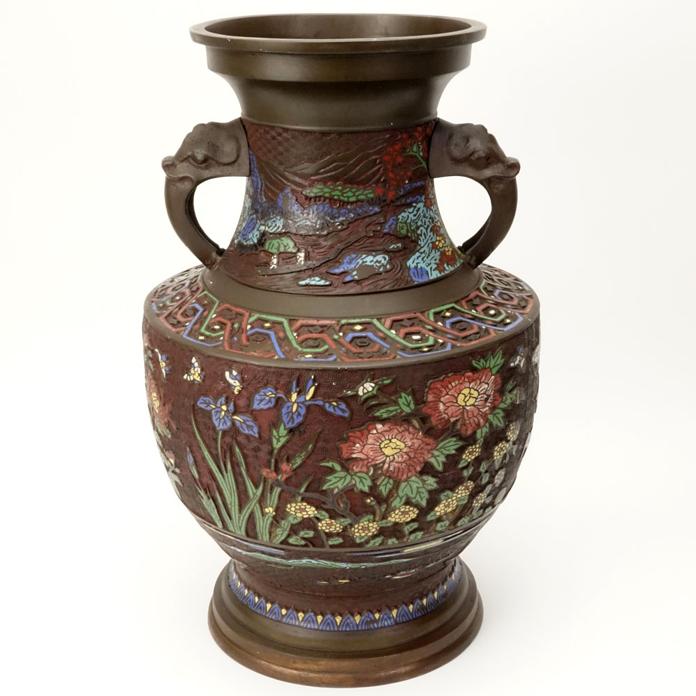 Large 20th Century Japanese Bronze Vase with Champlevé Enamel and Figural Elephant Handles