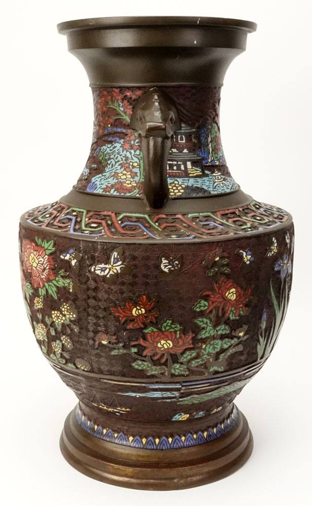 Large 20th Century Japanese Bronze Vase with Champlevé Enamel and Figural Elephant Handles
