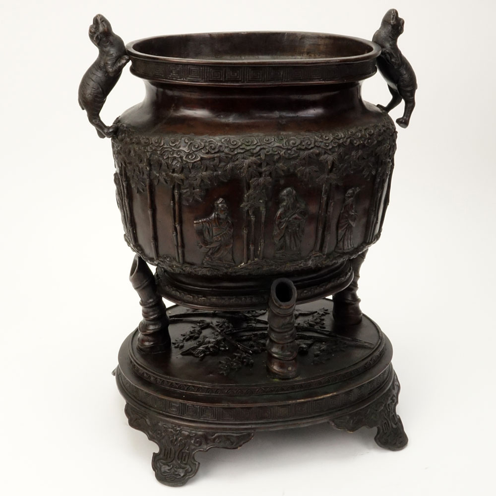 Large 20th Century Japanese Bronze Censer with Figural Foo Dog Handles