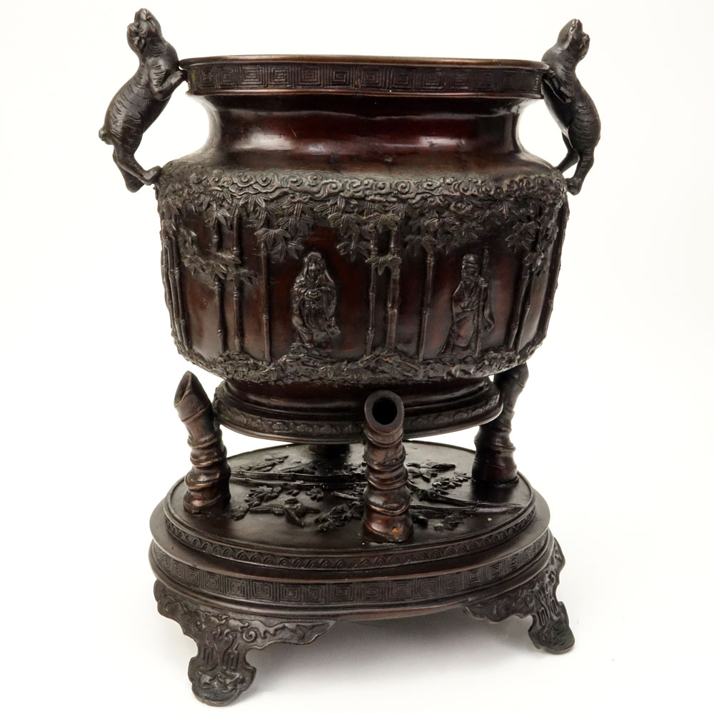 Large 20th Century Japanese Bronze Censer with Figural Foo Dog Handles