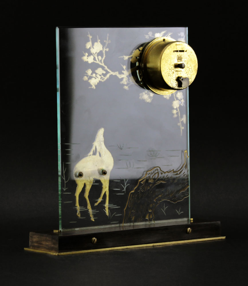 French Art Deco Glass and Brass Mantle Clock. Depicts a deer near water, applied brass