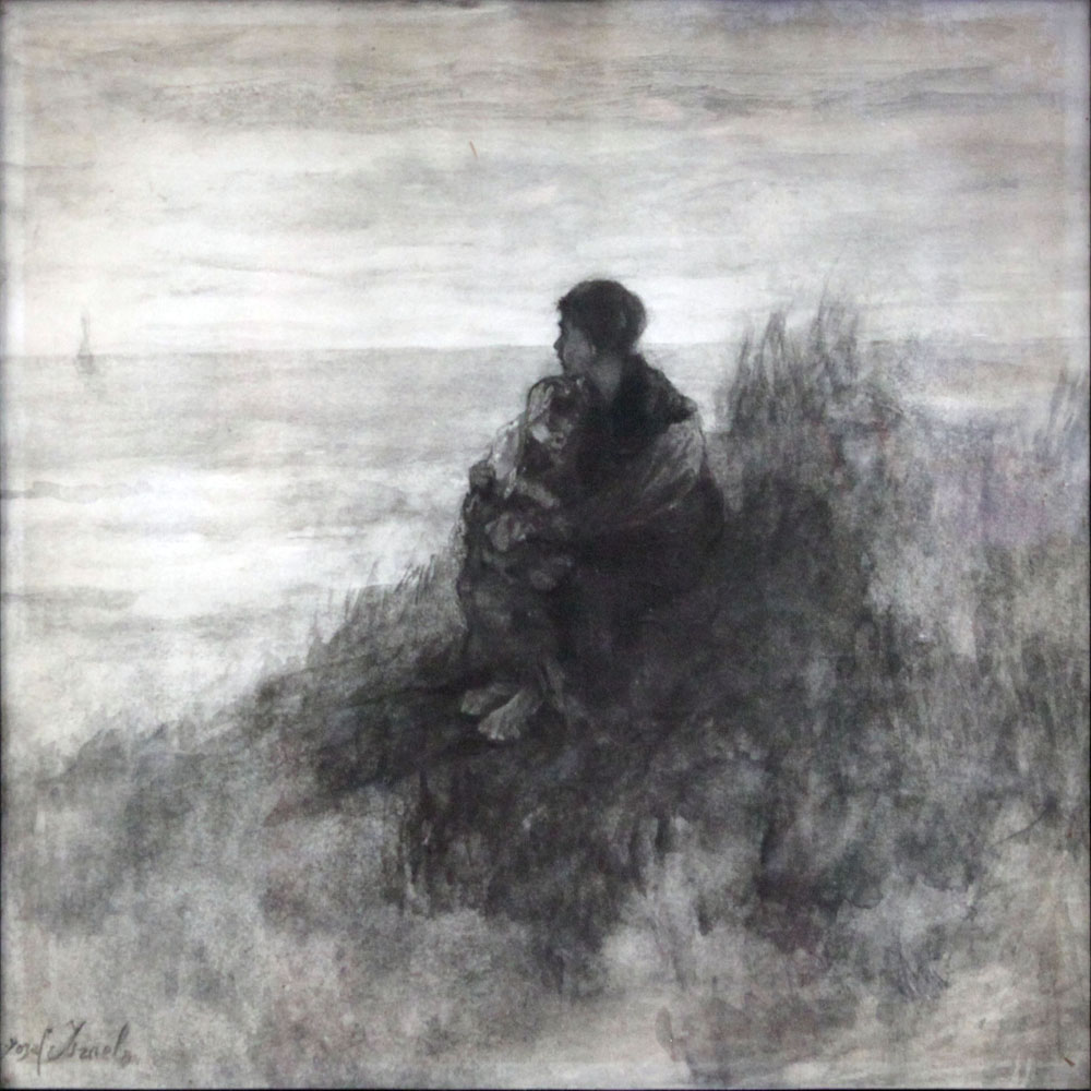 Attributed to: Jozef Israels, Dutch (1824-1911) Charcoal and Wash on Paper, Study of Mother and Child at the Seashore.