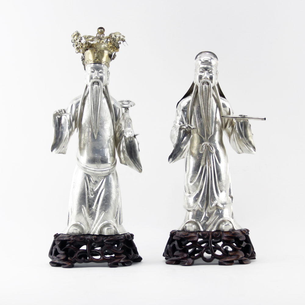 Grouping of Two (2) Old Chinese Export Silver Immortals Mounted on Wooden Bases