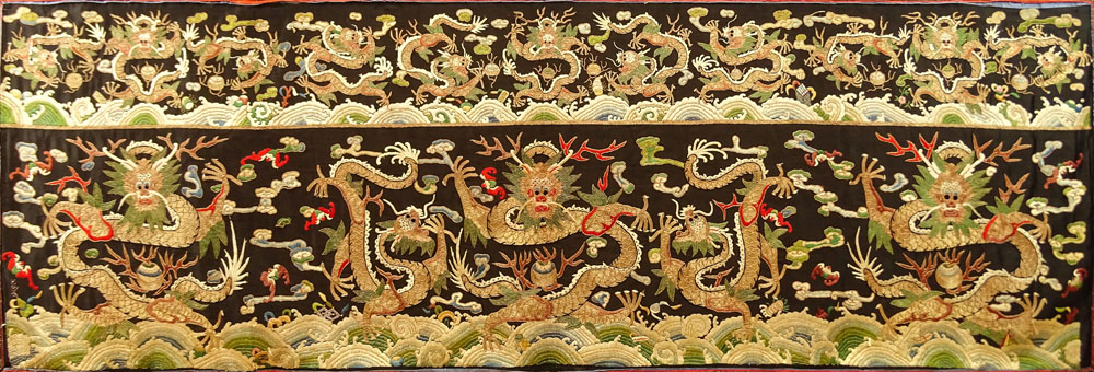 Fine Quality Antique Chinese Silk and 24 Karat Gold Embroidery Panel with Dragon Motif