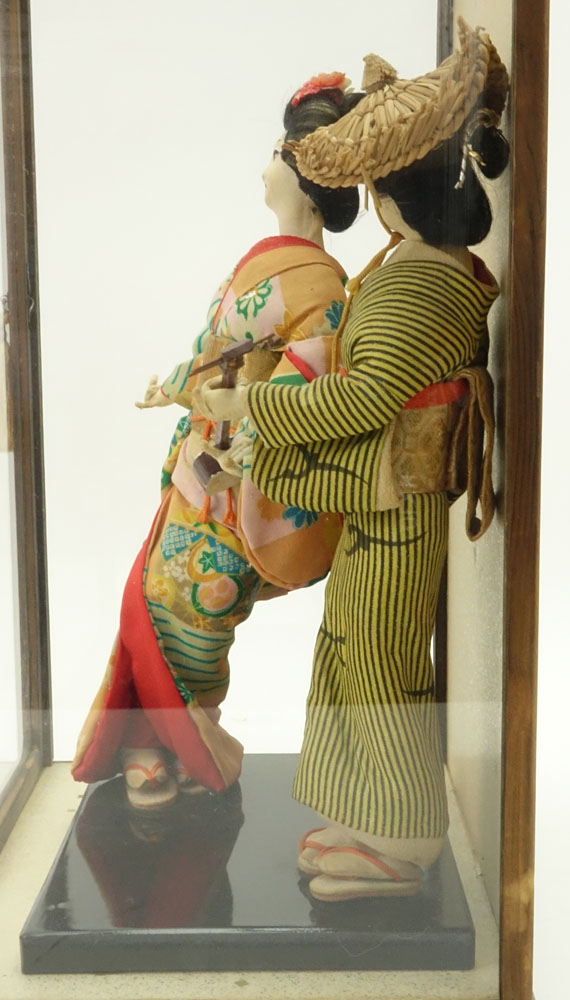 Japanese Kabuki Dolls Group in Glass Display Case