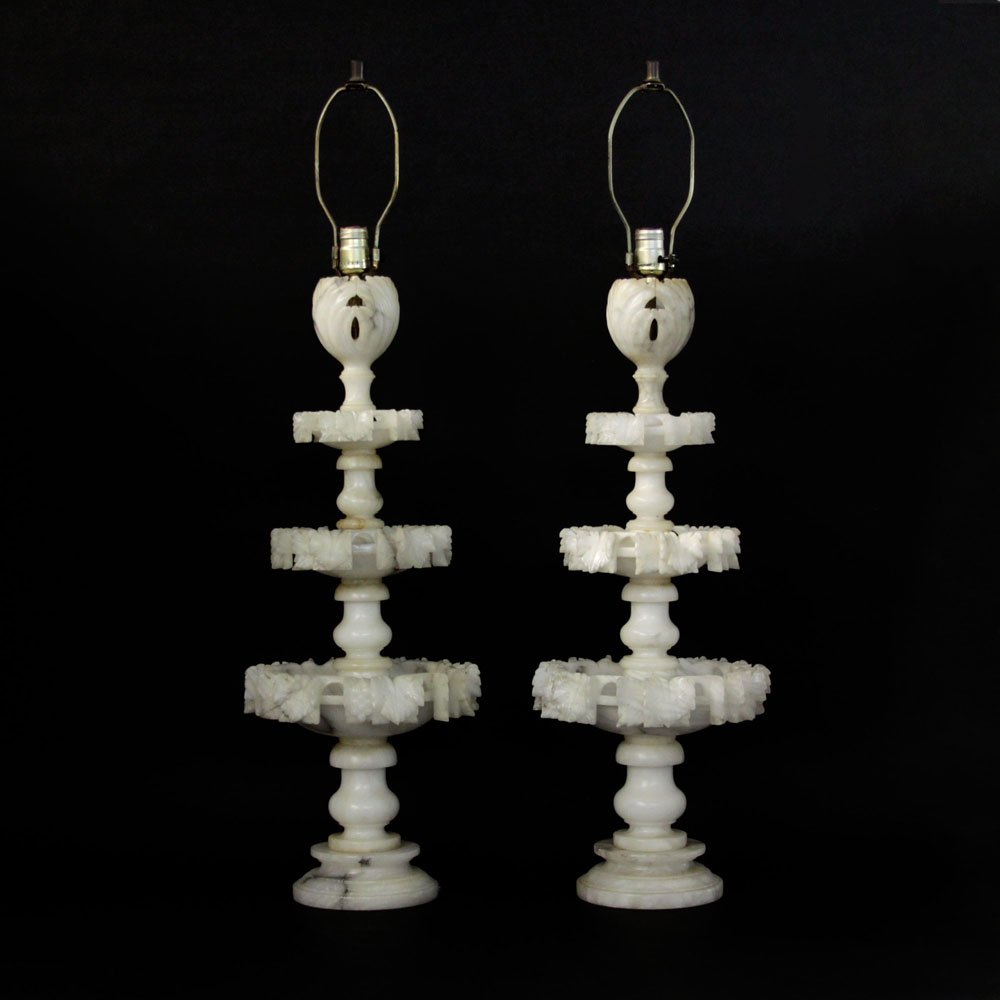 Large Pair of Italian Carved Alabaster Tiered Bulbous Stem Table Lamps