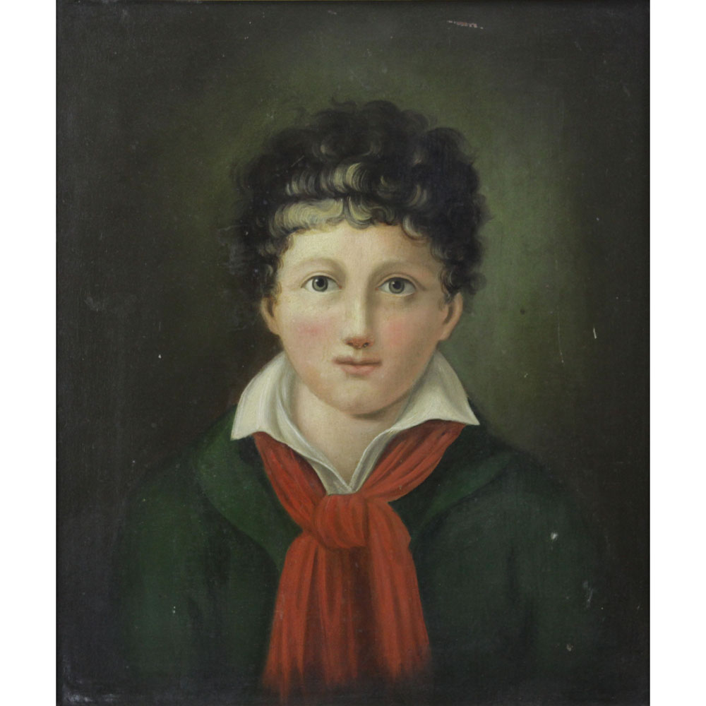 19/20th European School Oil on Board Portrait of a Young Boy.