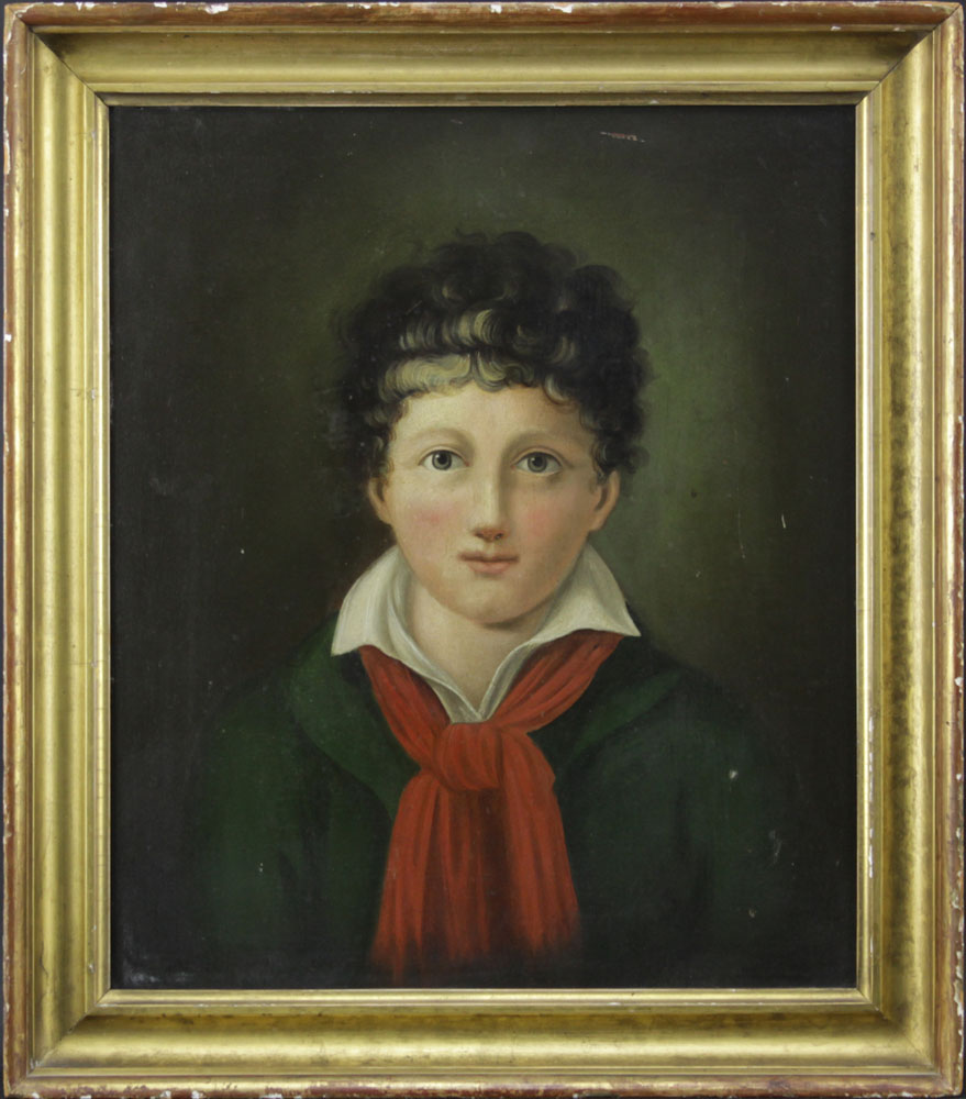 19/20th European School Oil on Board Portrait of a Young Boy.