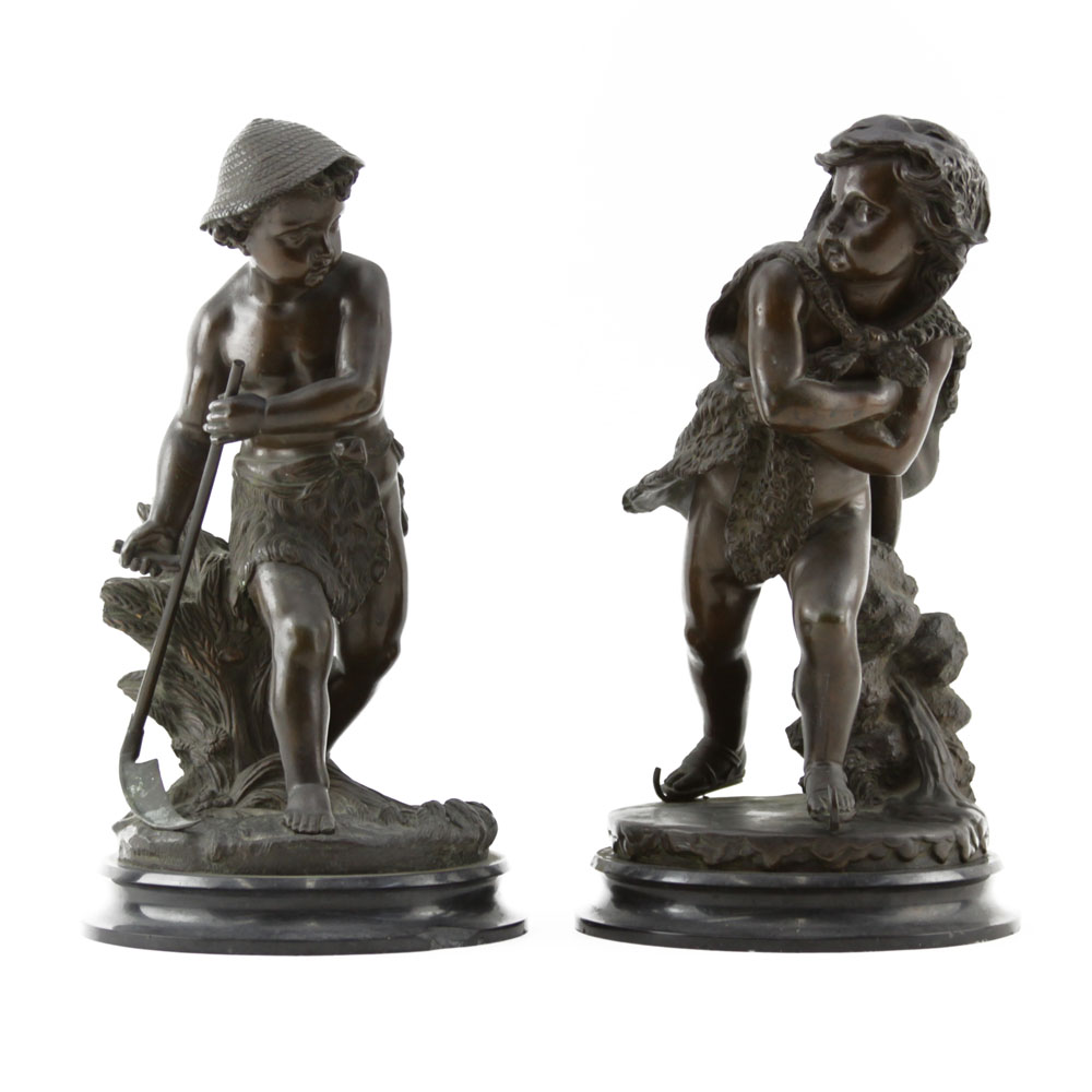 Pair of French Bronze Sculptures on Marble bases