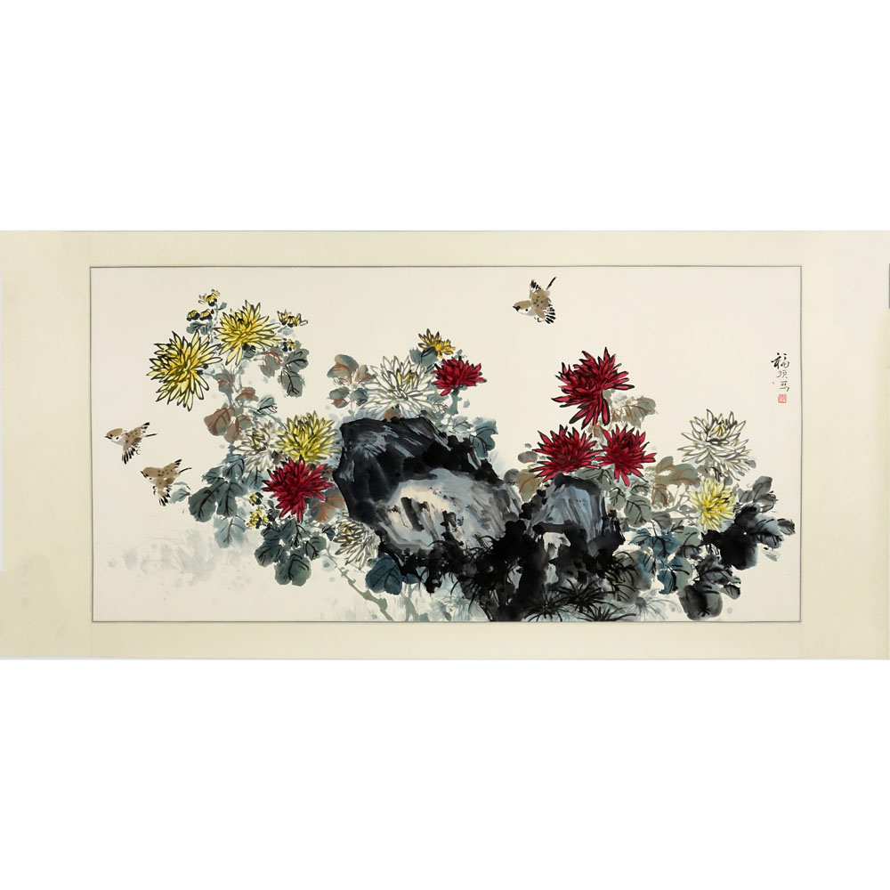 Chinese Watercolor on Paper. Birds and Flowers motif