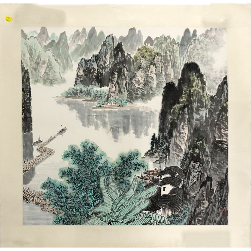 Antique Chinese Watercolor on Paper. "Mountain Lake Village"  