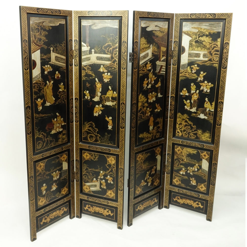 Vintage Chinese Hand Painted 4 Panel Screen