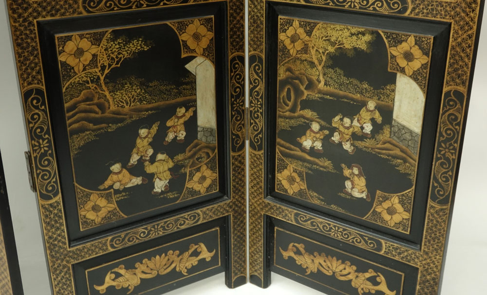 Vintage Chinese Hand Painted 4 Panel Screen